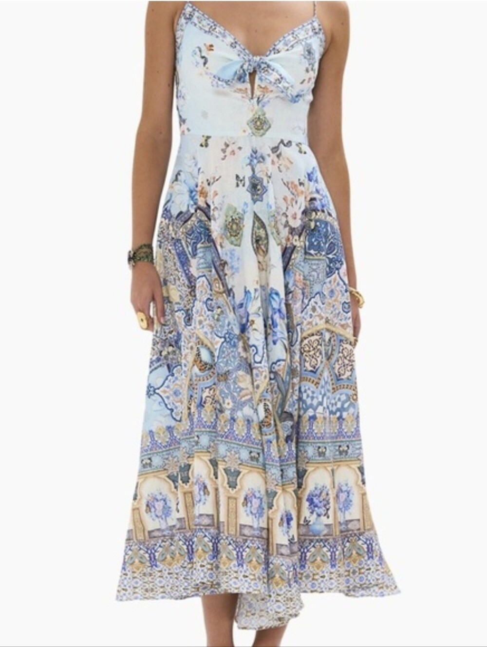 Camilla Printed Linen Tie Front Long Dress in Al Manial Palace Memoirs Large NWT